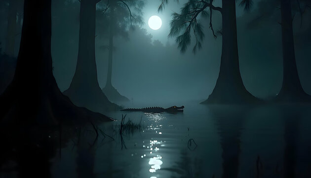 A crocodile rests in a misty swamp at night. - Powered by Adobe