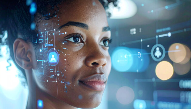 Woman and Digital Overlay: A close-up portrait of a young woman with a calm expression, her face partially overlaid with a futuristic digital interface, glowing icons, and abstract patterns.