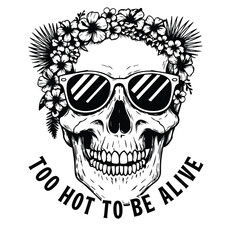 Fototapeta premium Black and white skull with sunglasses and floral crown with the phrase too hot to be alive perfect for a summer funny t-shirt design