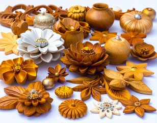 Fototapeta premium Hand Carved Wooden Flowers on white background 253