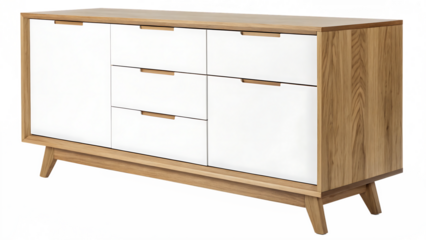 Modern wooden cabinet with white drawer isolated on white background PNG . AI GENERATED