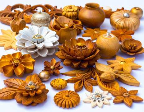 Hand Carved Wooden Flowers on white background 253