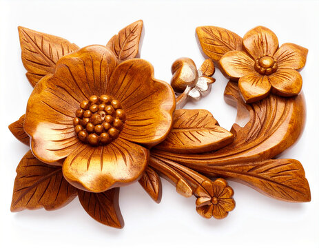 Hand Carved Wooden Flowers on white background 252
