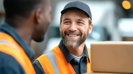Efficient teamwork as cheerful logistics workers load a delivery truck. - Powered by Adobe
