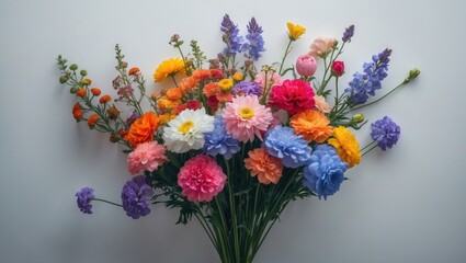 Fototapeta premium A colorful bouquet of flowers with various types, colors, and sizes against a plain background.