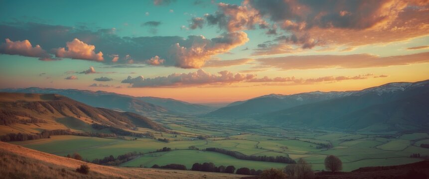 A panoramic view of rolling hills and a valley at sunset with colorful clouds in the sky.