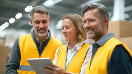 Retail warehouse team collaborates on delivery logistics using a tablet. - Powered by Adobe