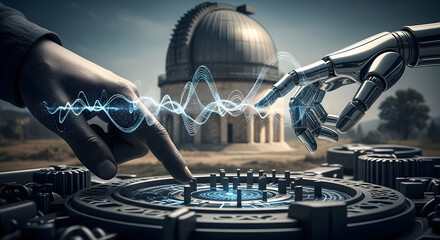 Spaceship and UFO flying over a futuristic city with vintage technology and electronic equipment around