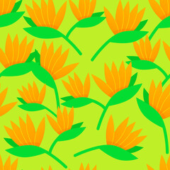 Seamless pattern of bird of paradise flowers on green background