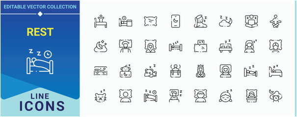 Rest modern icon set. Related to relaxation, sleepy, nap, slumber, bedroom, insomnia, sleeping man and more. Sleep line icon set. Minimalist icons collection. Editable stroke collections.
