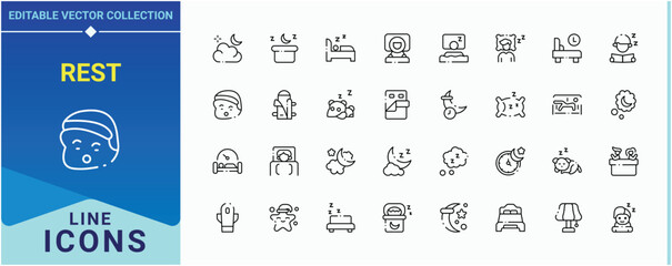 Rest modern icon set. Related to relaxation, sleepy, nap, slumber, bedroom, insomnia, sleeping man and more. Sleep line icon set. Minimalist icons collection. Editable stroke collections.