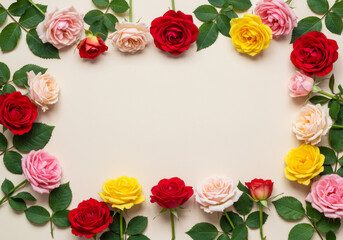 Roses of various colors arranged in a frame on a beige background with leaves and stems visible