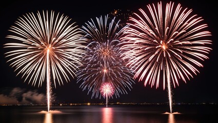 Colorful fireworks display over water at night, celebrating a special event or holiday. Bright explosion of lights, festivity, celebration, and entertainment.