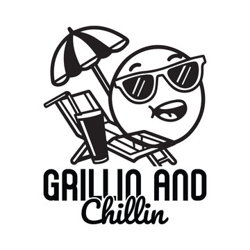 Smiling egg character with sunglasses relaxing in a beach chair under an umbrella with grillin and chillin text for summer funny t-shirt design