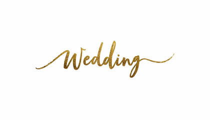 Gold foil calligraphy lettering of the word wedding.