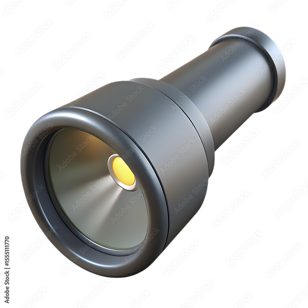 Fototapete realistic 3d rendering of a modern metallic flashlight with a bright yellow led light isolated on tr