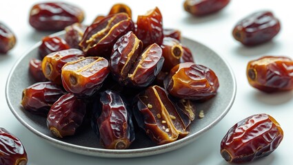 Fresh dates on a plate with some dates scattered around. Fruits and healthy snacks, wholesome, natural. The focus on dates and their nutritious benefits.
