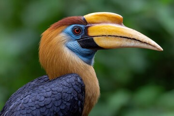 Obraz premium Closeup of Rufous Hornbill golden neck yellow beak with casque blue face scales texture of dark blue body