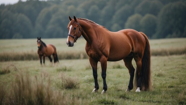 Two horses grazing in a field with trees in the background.