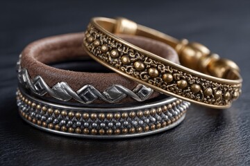 Closeup of three bracelets stacked on a textured black surface