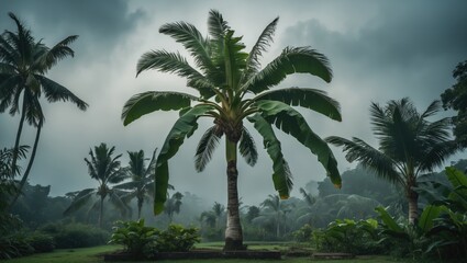 Fototapeta premium Tropical palm trees in a lush green landscape with cloudy sky, nature scenery.
