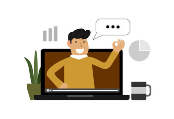 Cartoon of a man doing presentation or video call on the laptop