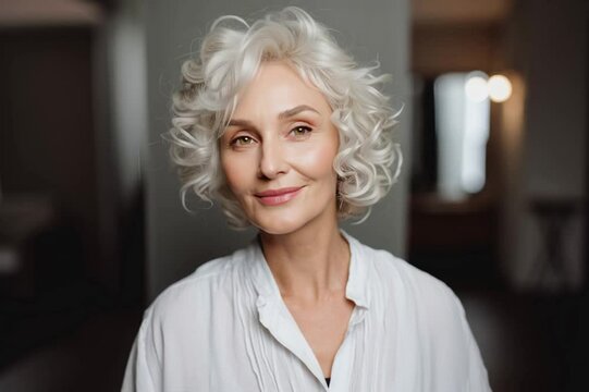 Fashion lifestyle Concept. A natural white soft curly bob hair pretty elderly woman giving a smile at the camera and showing off her airy voluminous hairstyle. clip mov HD motion
