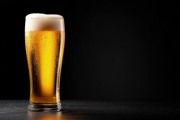 Tall transparent glass of cold golden beer with foamy head and rising bubbles on black background, perfect for drink packaging, bar ads, and brewing promotions