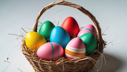 Fototapeta premium Colorful Easter eggs in a woven basket with straw, yellow, green, red, pink, and blue eggs, festive celebration, spring holiday, traditional decoration.