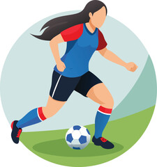 Female Soccer Player Dribbling Ball on Field Vector Illustration of Woman Athlete in Blue and Red Uniform Sport and Exercise Concept Isolated on White
