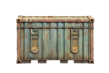 Rusty cargo container displayed on a white background, showcasing weathered metal and industrial design features, suitable for various artistic and commercial applications