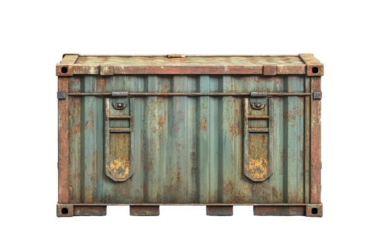 Rusty cargo container displayed on a white background, showcasing weathered metal and industrial design features, suitable for various artistic and commercial applications