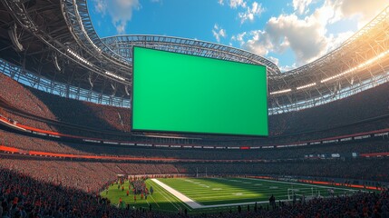 Massive digital billboard with green screen above modern football stadium full of spectators