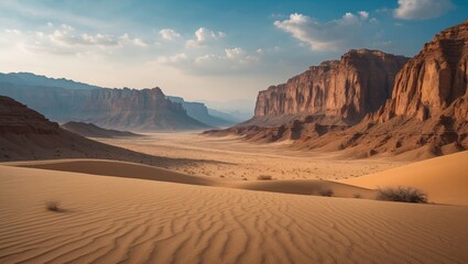Naklejka premium A desert landscape with sand dunes and towering canyon walls under a partly cloudy sky.