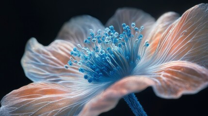 Close-up of a delicate flower with translucent petals and vibrant blue center against a black background.