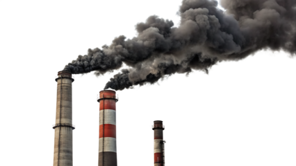 Industrial smokestacks pollution clouds isolated on white background PNG. AI GENERATED