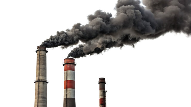 Industrial smokestacks pollution clouds isolated on white background PNG. AI GENERATED