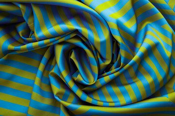 Colorful blue and green striped fabric displayed in a creative arrangement