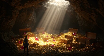 A person stands in awe before a massive hoard of treasure inside a cave.