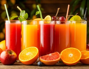 Fruit juices in clear glasses, orange grape, freshly squeezed juices, sliced fruits on the table, citrus fruits, orange, apple,