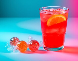 neon pink cocktail in a glass on a blue and pink background with marmalade and sweets, sweet, bright, neon style
