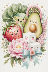 A charming watercolor illustration featuring adorable, smiling fruits and vegetables like strawberry, avocado, and broccoli, complemented by a delicate peony and a blue ribbon