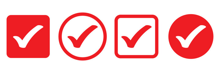 Red check mark icon. Verified badge, verification symbol set. Check mark illustration on white background. Red check mark icon and Approved, Accept icon. vector illustration