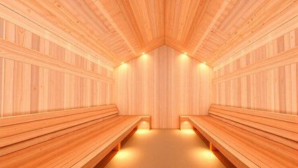A minimalist wooden sauna room with light colored wood paneling, benches, and subtle lighting.