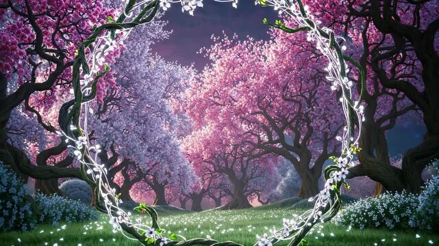 Beautiful enchanted landscape. Fantasy garden background. Magic meadow with spring blooming trees. Round frame with copy space in the middle