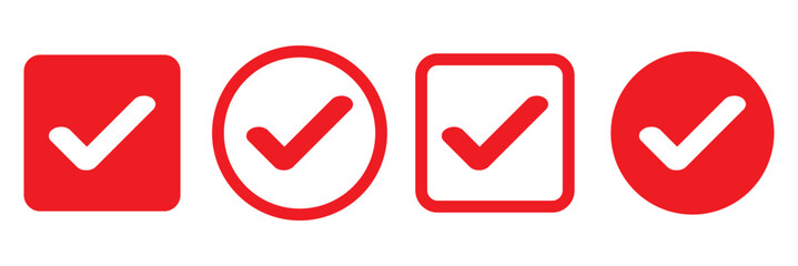 Red check mark icon. Verified badge, verification symbol set. Check mark illustration on white background. Red check mark icon and Approved, Accept icon. vector illustration