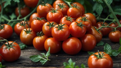 Fresh ripe tomatoes on the vine with green leaves, on a rustic wooden surface.