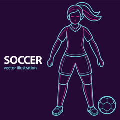Neon Soccer Player Illustration with Ball on Dark Purple Background Featuring a Female Athlete in a Modern Vibrant and Eye Catching Design