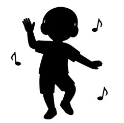 Child dancing with headphones and music notes around