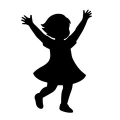 Silhouette of Happy Little Girl Jumping with Raised Arms